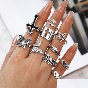 Anillos de banda Joyería de moda Conjunto de anillos de nudillos Retro Exagerado Rana cruzada Pavo real Mariposa Cara de llanto Enorme corazón Apilamiento Conjuntos Midi Dr Dhh3P