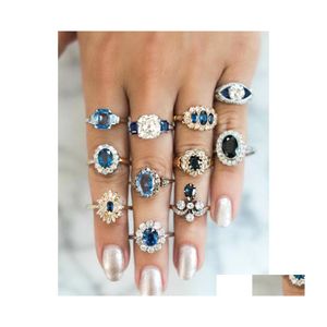 Anillos de banda Joyería de moda Conjunto de anillo de nudillo Cristal azul Rhinstone Irregar geométrico Conjuntos de doble color 11 Unids / set Entrega de gota Dhc0J