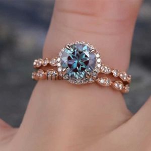 Anillos de banda Huitan Luxury Luxury Lingning Ring For Women Round Blue Zirconia Cubic Engagement Wedding Wedding Double Rings Fashion Jewelry J230817