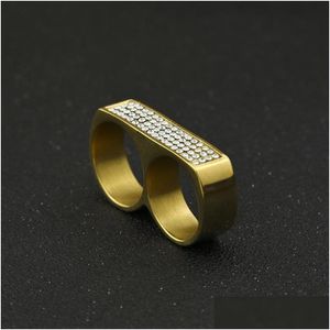 Bands Anneaux Mens Double Finger Ring Fashion Hip Hop Bijoux de haute qualité Iced Out en acier inoxydable Gold Drop Livraison DHPDD