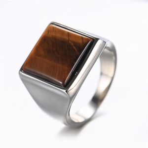 Anillos de banda Ojo de tigre cuadrado natural / Anillo de sello de piedra de ónix negro Hombres en acero inoxidable Estilo breve simple Moda fresca Regalo de joyería para hombre