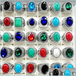 Band Rings Nouveau 30 pièces/paquet anneaux de bande Turquoise hommes femmes bijoux de mode Antique Sier Vintage bague en pierre naturelle livraison directe bijou Dhidw