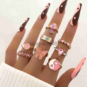 Anillos de banda Nuevo Esmalte de colores Mariposa Kunckle Anillos Conjunto para mujer Cristal geométrico Corazón Seta Anillo de dedo Niñas Joyería bohemia x0625