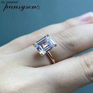 PANSYSEN 100 925 Sterling Silver Emerald Cut High Carbon Diamond Gemstone Wedding Band Ring Rose Gold Color Fine Jewelry Rings J230522