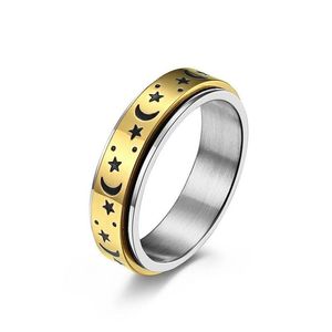 Anillos de banda Rotable Robo de acero inoxidable Grabado Estrella y luna Anillo Spinner Dedo para mujeres Hombres Amor Oro rosa Aliviar la ansiedad Moda Dhn0B