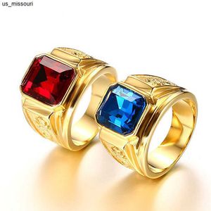 Anillos de banda Zafiro rubí piedras preciosas azul rojo circón diamantes anillos para hombres 18k oro tono acero inoxidable dragón joyería bijoux regalo de moda J230522