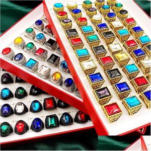 Bagues de bande Pierre 30pcs Verre Cristal Rétro Bohême Style Grande Taille Mixte Or Siery Noir Métal Acrylique Hommes et Femmes Bijoux Fête D Dh8Wk