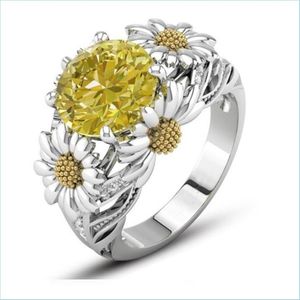 Anillos de banda Anillo de girasol Color Circón Chapado en oro Piedra preciosa Cristal Joyería de gama alta Moda europea americana Regalo de las mujeres al por mayor 2 Dhe5U