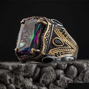 Bands Anneaux Turkish Signet for Men Ancient Sier Color Scarved Eagle Ring Mystic Zircon Inclay New Punk Drop Livrot Bijoux Dhdp0