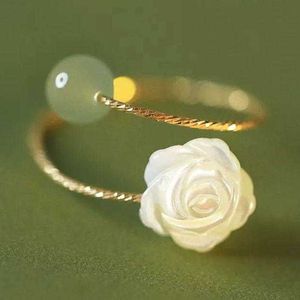 Anillos de banda Vintage Fashion Hotan Jade White Rose Flower Anillos abiertos para mujeres Anillo ajustable Luxury Wedding Party Jewelry Gift Anillo Mujer AA230417