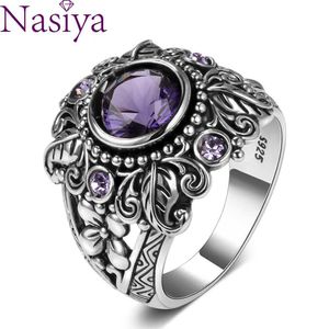 Bande Anneaux Bijoux Vintage 3ct Améthyste Argent Couleur Anneau Rond Coupe Violet Nature pierre Femmes Mariage Anel Aneis Gemstone Anneaux J230517