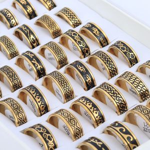 Anillos de banda al por mayor 20 unids/lote anillos de acero inoxidable tallados en corrosión dorada para hombres y mujeres joyería Vintage de estilo mixto 231218