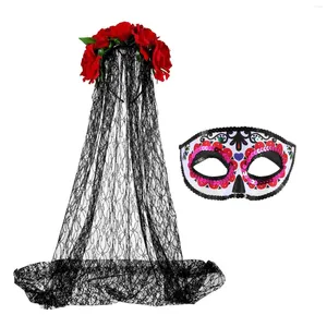 Bandanas Frcolor Rose Flower Crown Costume Bandeau pour femme Halloween Party avec masque à paillettes en maille