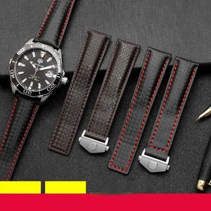 Bandes Bande inférieure en cuir véritable texture fibre de carbone pour bracelet TAG noir avec bracelet ligne rouge boucle pliante 20mm H240330