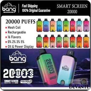 Bang Smart Screen 20000 Puffs Puff 12K Kit de boîte de vape jetable Authentique Bangvapes Mesh Coil E Cigarettes Indicateur de puissance d'huile 0% 2% 3% 5% 16 saveurs