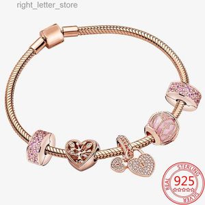 Brazalete 100% genuino 925 STERLING STERLING en forma de corazón Rose Gold Farmel Farm Set Pink Murano Crystal Crystal Bracelet Gift YQ240409