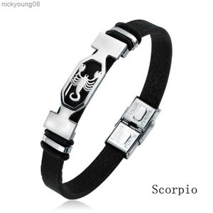 Bracelet 12 Constellation Bracelet manchette en acier inoxydable hommes femmes signe du zodiaque Bracelet en cuir noir bijoux Pulseras HombreL2403