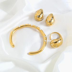 Brazalete de joyería chapada en oro de 18 quilates para mujer, pulseras de perlas de circón de acero inoxidable, pendientes de gota de agua, conjunto de anillos gruesos