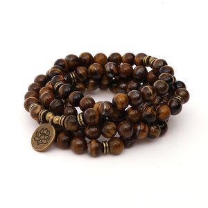 Brazalete 8mm Tiger Eye Stone Beads Strand Charm Chakra pulsera o collar Yoga Lotus OM Buddha 108 Mala pulsera para hombres mujeres 230620