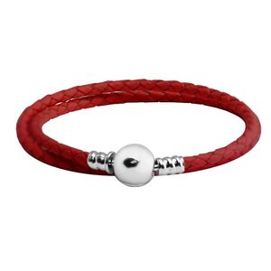 Brazalete 925 pulseras de encanto de plata esterlina broche redondo plateado pulsera de cuero doble para mujeres pulseras de joyería de bricolaje al por mayor