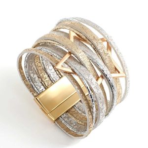 Bangle Amorcome étoiles faites à la main Bracelet Bracelet en cuir multicouche Big Metal Charm Cuff Bangles Boho Magnetic Clasp Jewelry Gift 24411