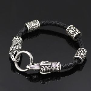 Brazalete Banru Nordic Viking Logo Beads Odin Crow Head Pulsera de cuero real para hombres Drop