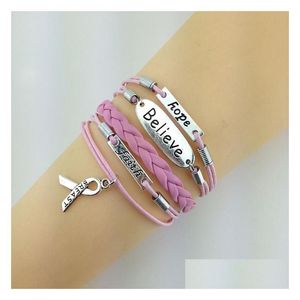 Bracelets de bracelets cancer du sein Sensibilisation à l'espoir croire la foi en cuir rose mti bracelet tissé en gros de livraison de gouttes