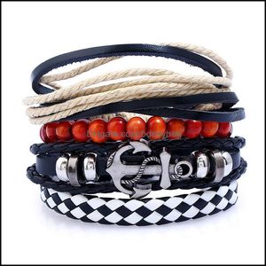 Brazaletes Pulseras Jewelrybangle Armada europea y americana Viento Aleación Ancla de barco Combinación Pulsera Retro Personalidad Tejido Cuero de vaca Ro