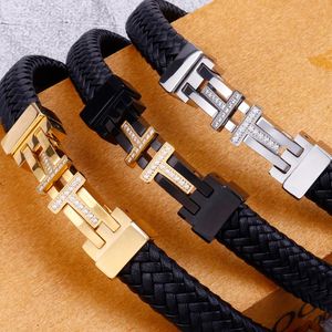 Brazalete Pulsera de cuero trenzado para hombres Pulseras para hombre Metal Chapado en oro de lujo Joyería de mano de acero inoxidable negro Regalos para novio