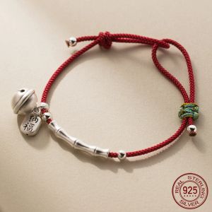 Brangle Fit 23cm 999 Bracelets à corde argentée Femmes Retro Bell Lucky Red Ligne de filet