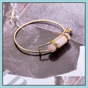 Brazalete Chapado en oro Cilindro envuelto Columna Piedra Encanto Cuarzo rosa Curación Druzy Piedras Pulseras Fabricación de joyas Entrega de gota Dhlur