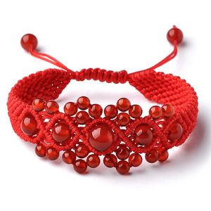 Brazalete hecho a mano con gemas rojas naturales, pulseras con abalorios para mujer, cinturones trenzados de hilo ajustable, joyería de la suerte, pulseras