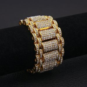 Bangle Hip Hop Rhinestones completos Bling Bling Out Rapper Rapper Gold Color Watch Band Cadena de enlaces Bracelets Bangles for Men Jewelry