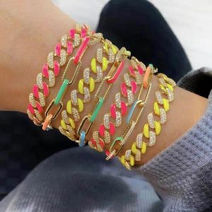 Bracelet Hiphop Iced Out Bling 5A Zircon Cubain Lien Chaîne Charme Bracelet Pour Femmes Nouvelle Mode Coloré Néon Émail Arc-En-Ciel Bijoux De Fête