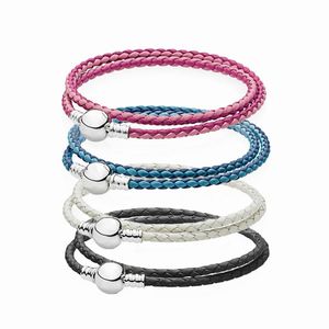 Brangle LR Boucle double boucle tressée en cuir bracelets 925 Silverbuckle Fit Perles d'origine Charmes bijoux Faire la fête des mères