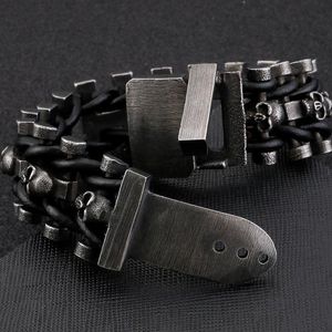 Brazalete de primera calidad para hombre, pulsera de calavera de motorista de acero inoxidable Punk Vintage, brazalete de cuero trenzado hecho a mano, joyería gótica masculina al por mayor