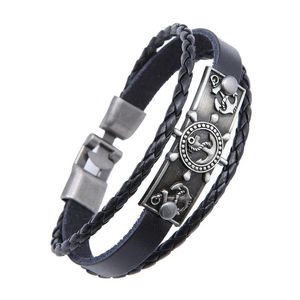 Brazalete Simple Retro Pulsera de cuero trenzado azul marino multicapa