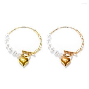 Bracelet en acier inoxydable Bracelets de perles artificielles Bracelet pendentif en forme de coeur pour femmes fantaisie tissu Accs Valentine cadeau 19cm H8WF