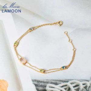 Brangles Lamoon 925 Bracelet en argent pour femmes Natural Rose Quartz Topaz Olivine 14K Bijouts fins plaquées or LMHI062