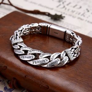 Bangles S925 Sterling Silver Original Certified Sixcharacter Mantra Woven Men's Bracelet Retro Personality Dominering Men's Chain