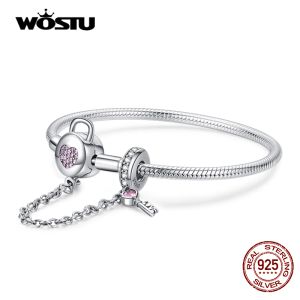 Brangles Wostu 100% 925 Bracelets de chaîne de sécurité Key Key Sterling Heart Key Bracelets Pink Zircon pour femmes Silver 925 Jewelry CQB143