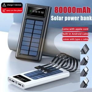 Bank Solar Power Bank Built Cables 80000mAh Charger solaire 2 ports USB Powerbank Charger Power avec lumière LED pour iPhone Xiaomi