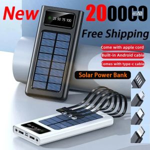 Banks 200000mah Solar Power Bank Built Cables Charger solaire 2 ports USB Charger rapide externe avec lumière LED pour l'iPhone Xiaomi Nouveau