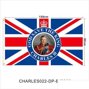 Banderas de la bandera Rey británico Charles Iii Bandera Elizabeth Ii Conmemorando el fondo Cartel de tela 2022 Union Jack Y2209 Drop Delivery Ho Dhjpt