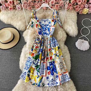 Banulin 2021 HOT Summer Runway Boho Dress Femmes Bow Spaghetti Strap Backless Bleu et Blanc Porcelaine Floral Print Mini Dress Y220222