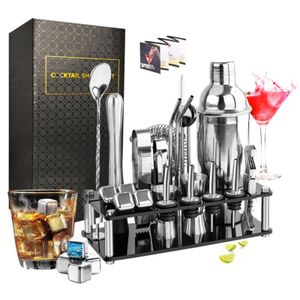 Bar Tools Cocktail Making Set Shaker Kit d'appel d'outils en acier inoxydable avec présentoir Ice Cube Cuillère à mélanger Recettes Livre Cadeau 230225