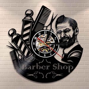 Salon de coiffure signe horloge murale barbiers pôle disque vinyle horloge murale Salon de coiffure styliste outils de cheveux ciseaux salon de coiffure œuvre cadeau Y253W