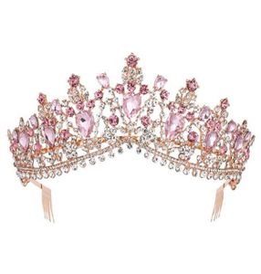 Tiara barroca de oro rosa y cristal rosa para novia, corona con peine, desfile, velo de graduación, diadema, accesorios para el cabello de boda 2110066519167