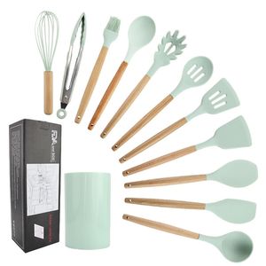 Baril vert frais manche en bois gel de silice ustensiles de cuisine 11 pièces antiadhésives Pot pelle ustensiles de cuisine Kit onze pièces T200415