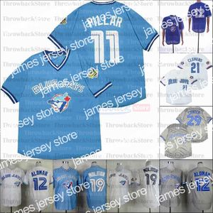 Camisetas de béisbol Camiseta de béisbol retro local 29 CARTER 19 MOLITOR 21 CLEMENS 12 ALOMAR 11 PILAR AZUL